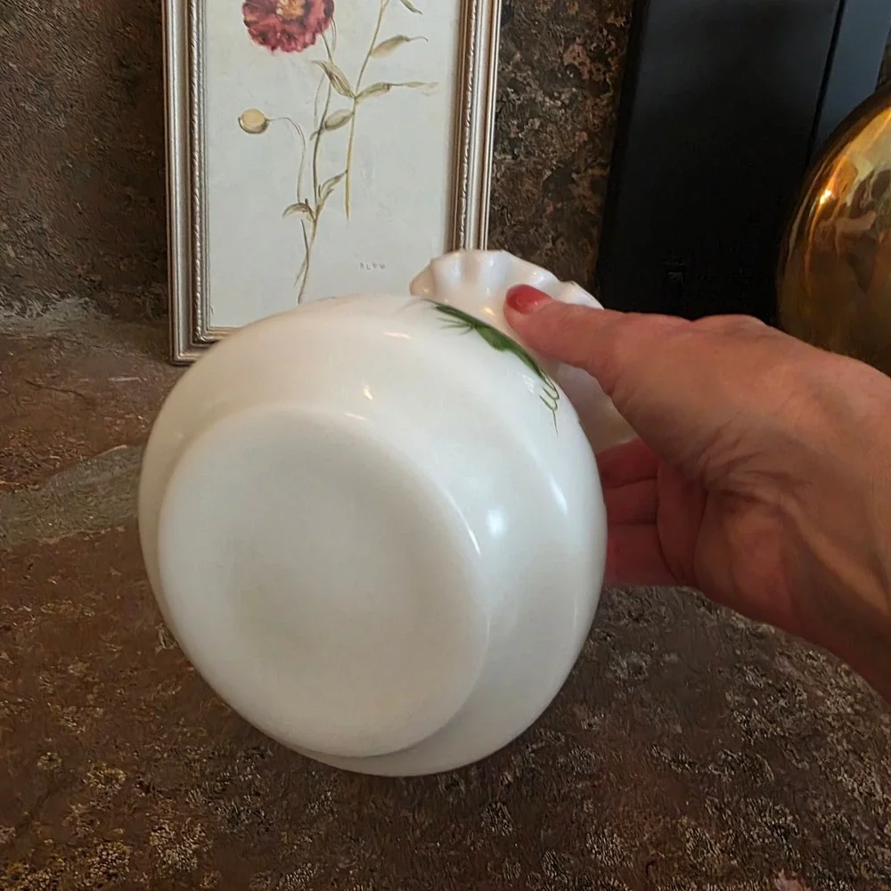 Vintage Consolidated Milk Glass Ivy Vase Hand Painted Ruffled Gold Rim 6 Inch